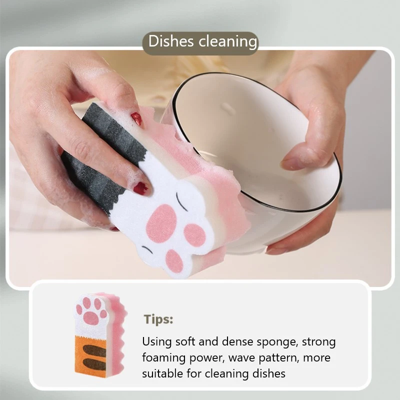 

Cute Household Cat Claw Shape Sponge Wipe Thickening Decontamination Kitchen Brush Pot Dishwashing Sponge Block Cleaning Brush