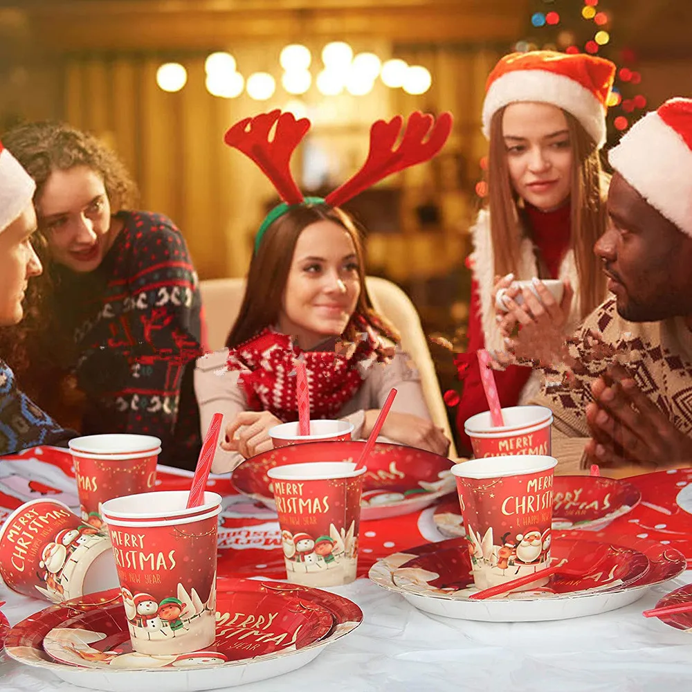 

Набор из 9 предметов, Рождественская бумага, украшение для детского дня рождения, товары для вечерние, скатерть, нож, вилка, ложка, бумажная т...