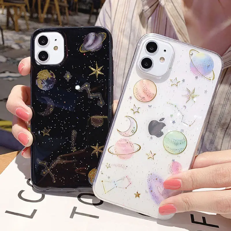 Lovebay Glitter Bling Stars Moon Phone Case For iPhone 11 12Pro SE 2020 X XR XS Max 7 8 6s Plus Clear Planet Soft TPU Back Cover