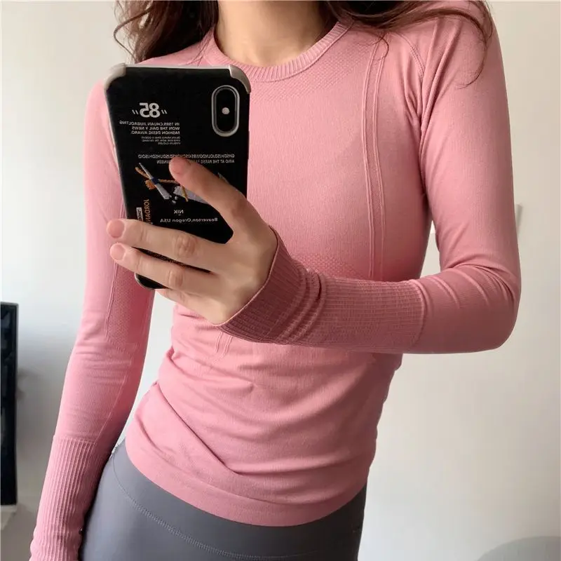 Женский топ для спорта с длинными рукавами, подходит для занятий йогой и пилатесом, с круглым вырезом и пуговицами на пальцах, дышащая блузка для бега, тренировок в спортзале.