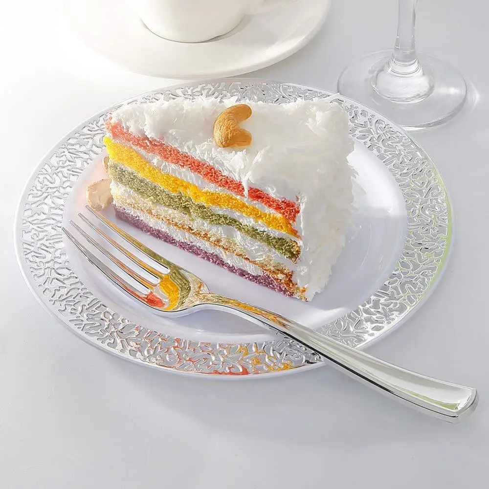 25 шт. Серебристые десертные тарелки с одноразовыми вилками набор кружевных