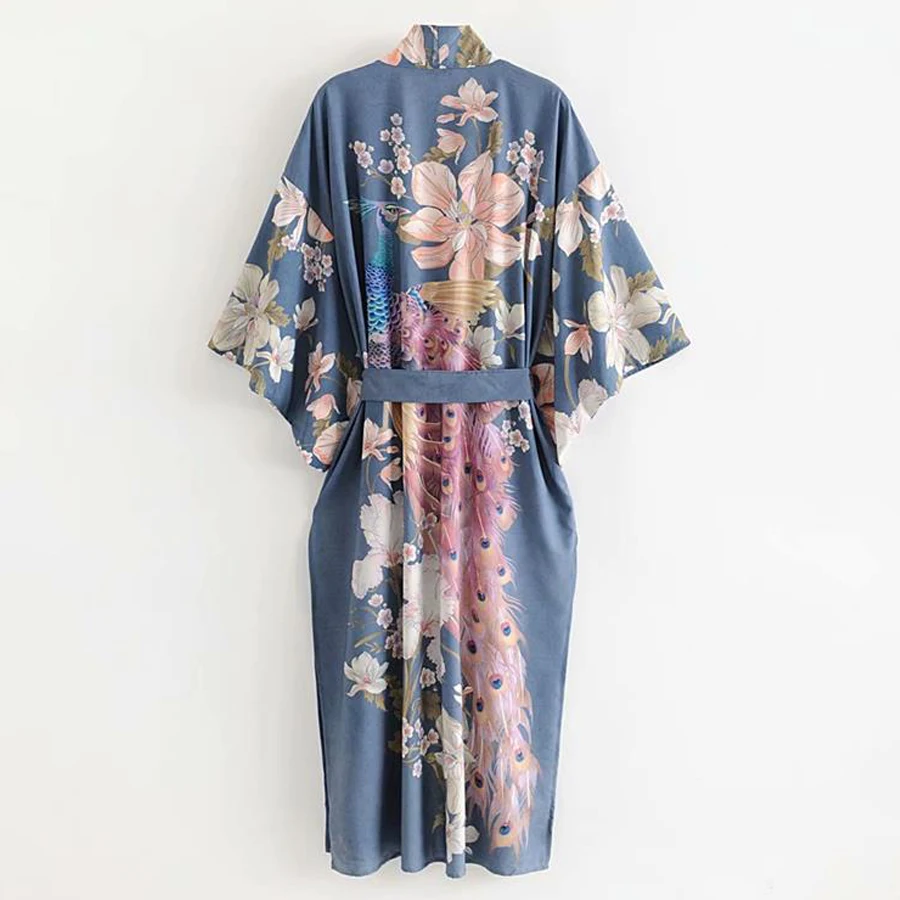 Халат-кафтан в стиле Водопад темно-синий кардиган с цветочным принтом и