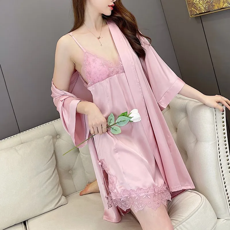 

Pink Sweet Flower Embroidery Kimono Robe Gown Suit Women Casual Sleepwear Sexy V-Neck Nightdress Spring New Lace Trim Home Dress