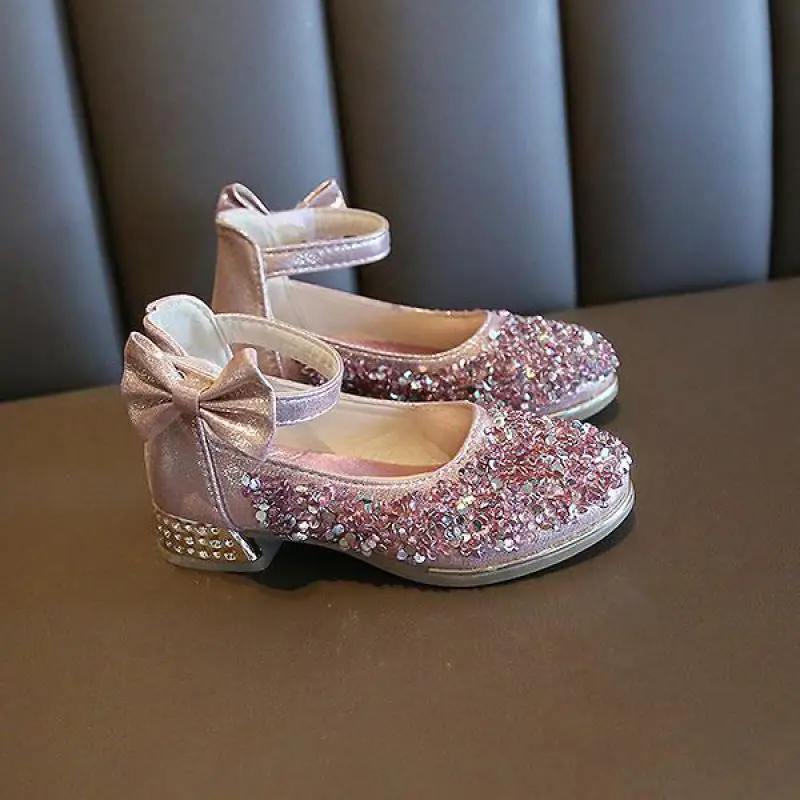 

Princess Kids Leather Shoes New Girls Bow Casual Glitter Shoes Children Butterfly Knot High Heel Shoes Wedding Party Shoes B664