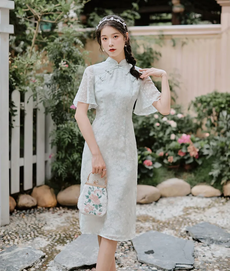 

Шифоновое платье-Ципао для девушек, с рукавом в виде листьев лотоса