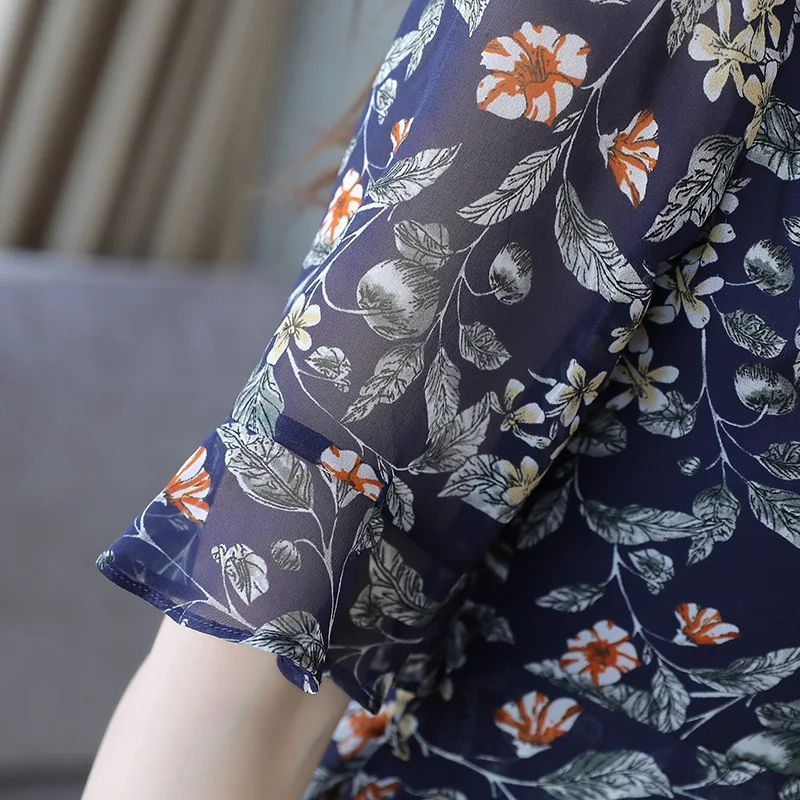 Floral silk dress women's middle length new summer mid sleeve slim dress