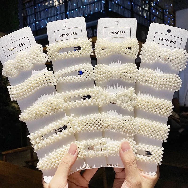 

2-8Pcs/Set Fashion Women Sweet Pearl Hair Clips Elegant Full Pearls Geometric Hairpin Hair Accessories BB Clip Barrette Headwear