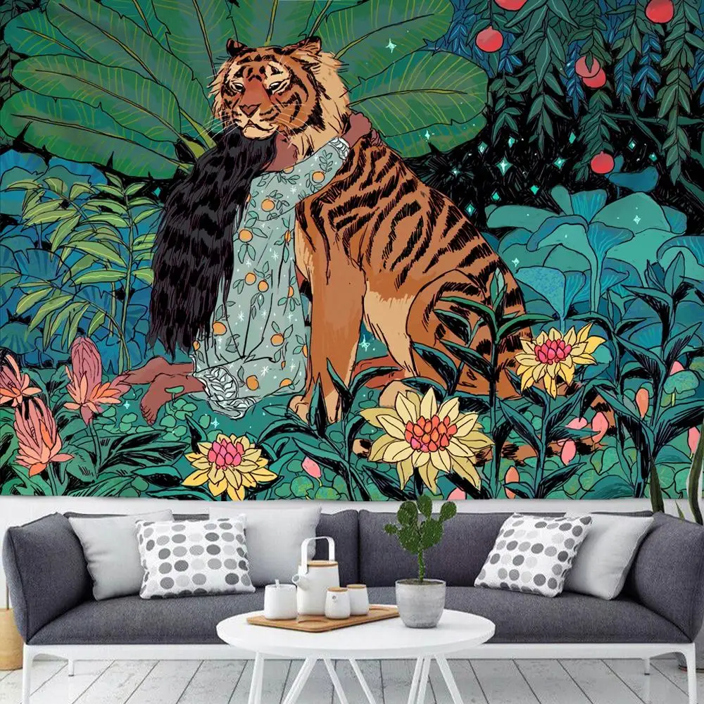 

Psychedelic Mysterious Forest Big Tapestry Girl Tiger Moon Style Tapestry Home Wall Bedroom Decoration Print Wall Hanging