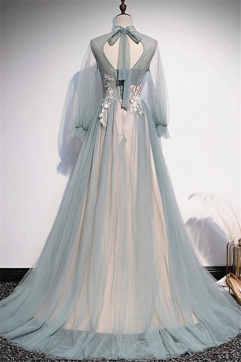 

Light Green Prom Dress Tulle Full Sleeves High Neck Appliques Flower Sweep Train Evening Dress