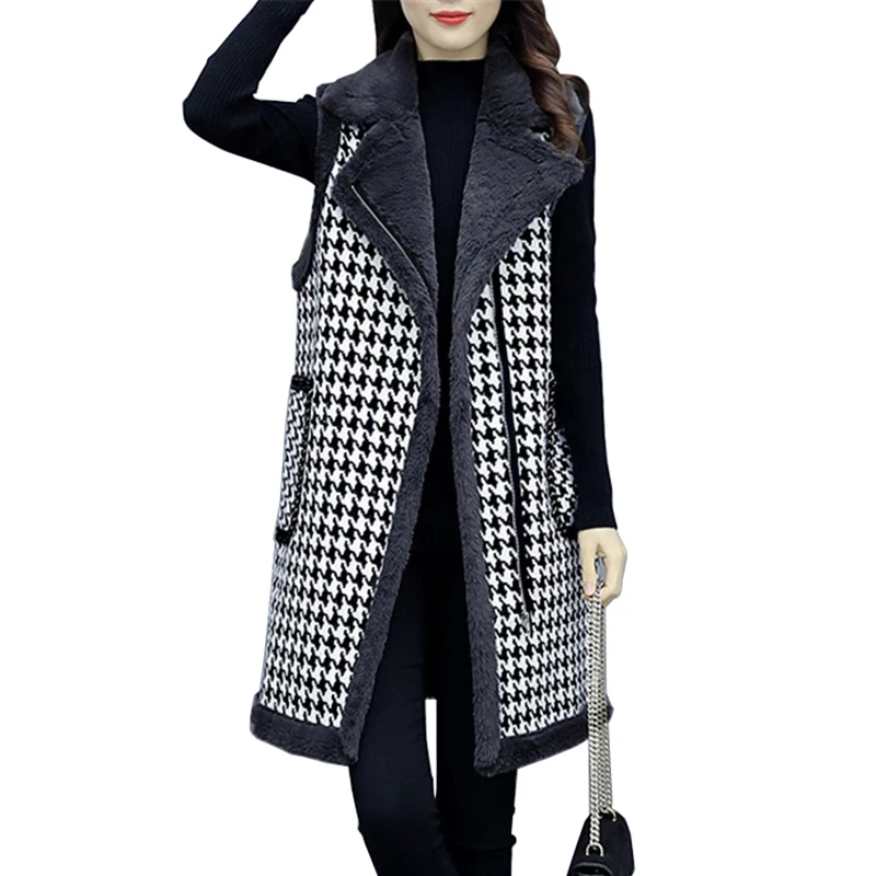 Осенне зимний шерстяной жилет пальто Женский клетчатый бархатный утепленный