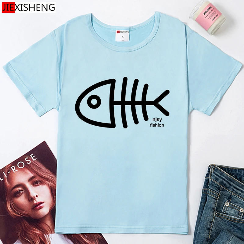 Женская хлопковая Футболка с рисунком рыбок и костей коротким рукавом|short sleeve|sleeve