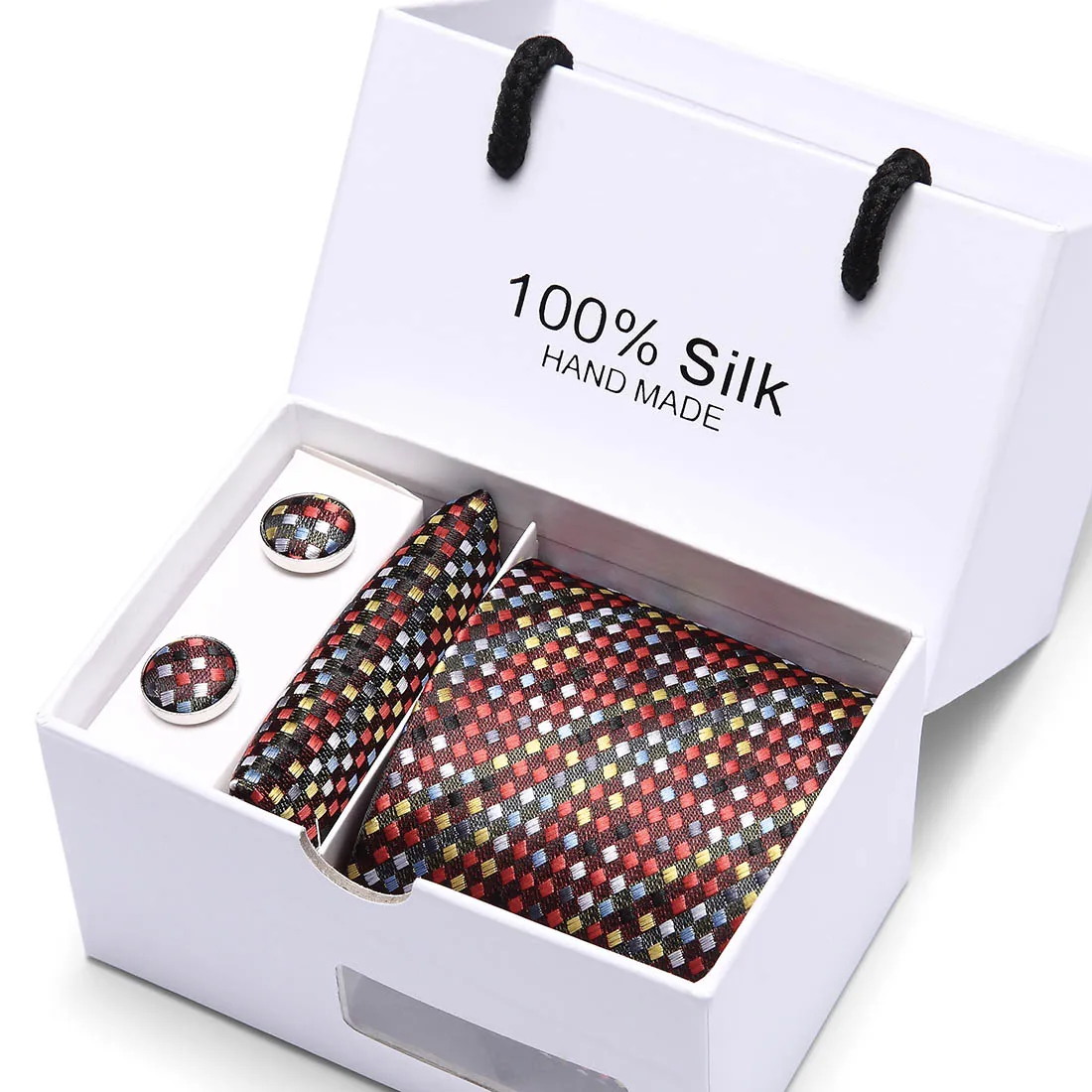 

2021 New Design Holiday Present Silk Tie Pocket Squares Cufflink Set Necktie Box Man's Dark Red Shirt Accessories Father's Day