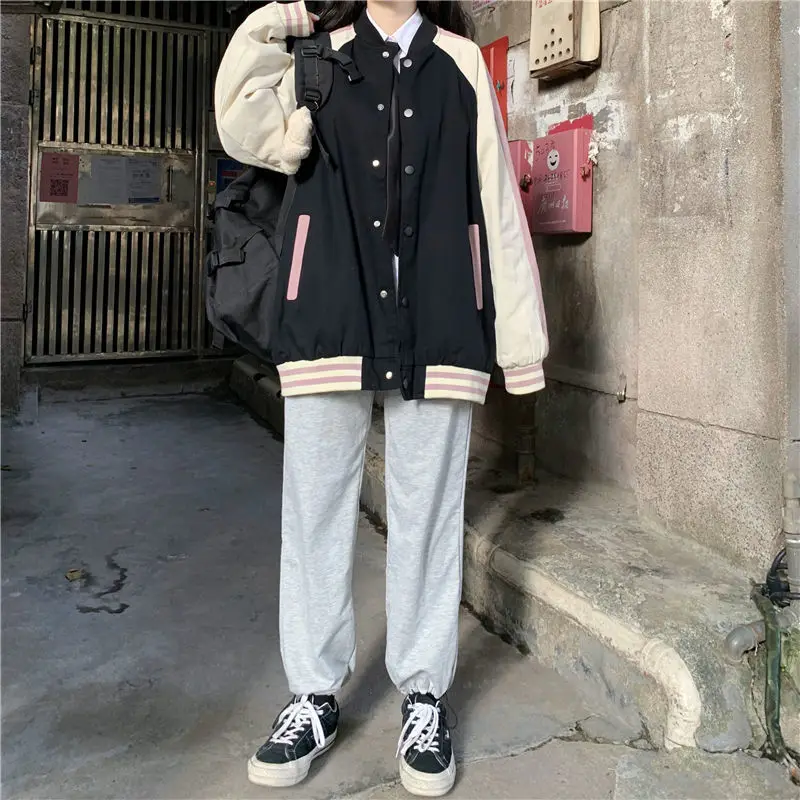 

vintage color matching jacket winter women's casual loose Korean hip-hop goods outerwear streetwear Harajuku button cardigan