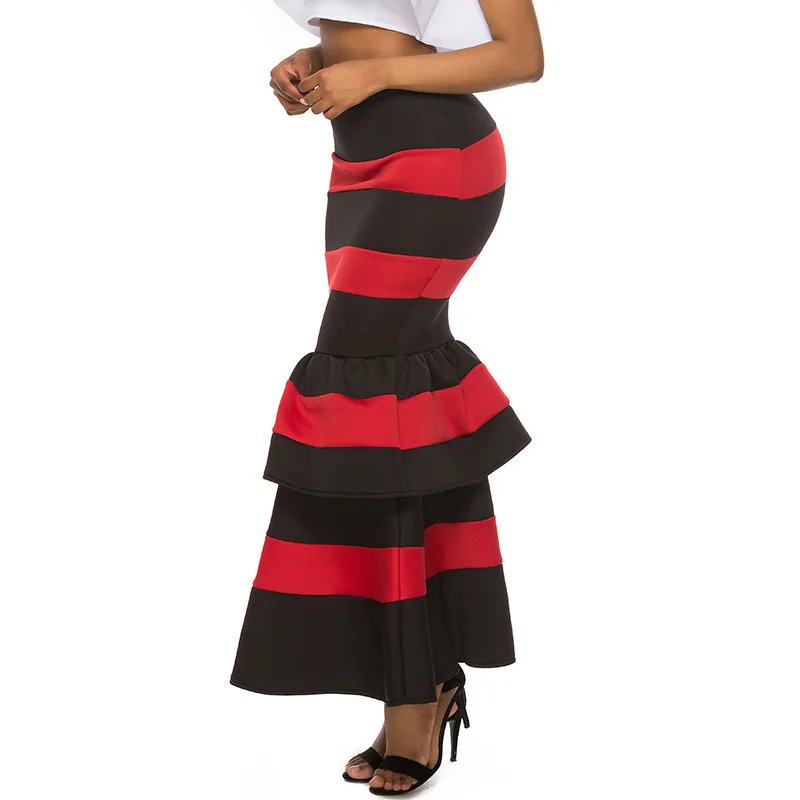 

Vintage Retro For Women Stripes Boho Spring Autumn High Waist Cotton Long African Style Ruffle Layers Pleated Skirt Female