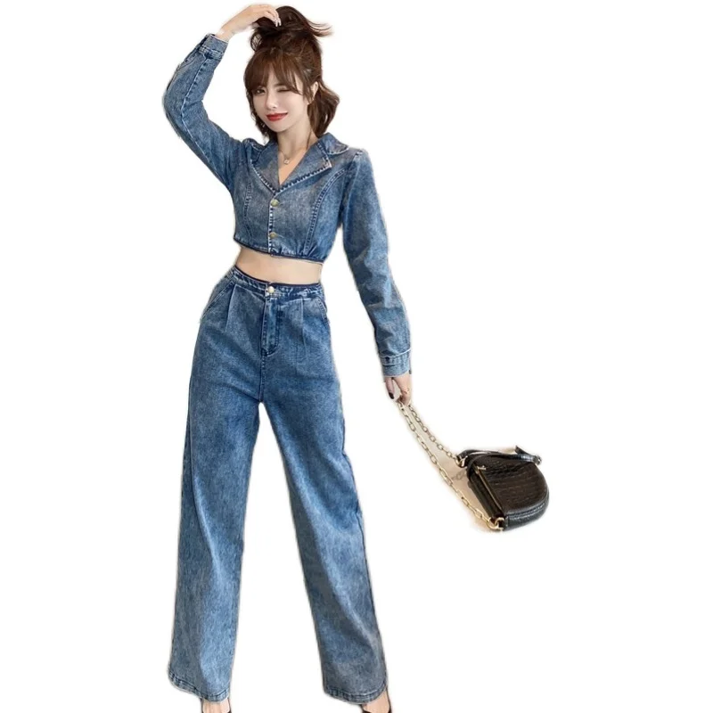 

Vintage Denim Cropped Jacket and Wide Leg Jeans Two Piece Set For Women Korean Feshion Detachable Zipper Waist Jumpsuit