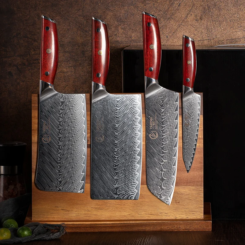 

YARENH Kitchen Damascus Steel Knife Set Chinese-style Cleaver Chopping Bone Santoku Utility Knives Professional Cooking Tools