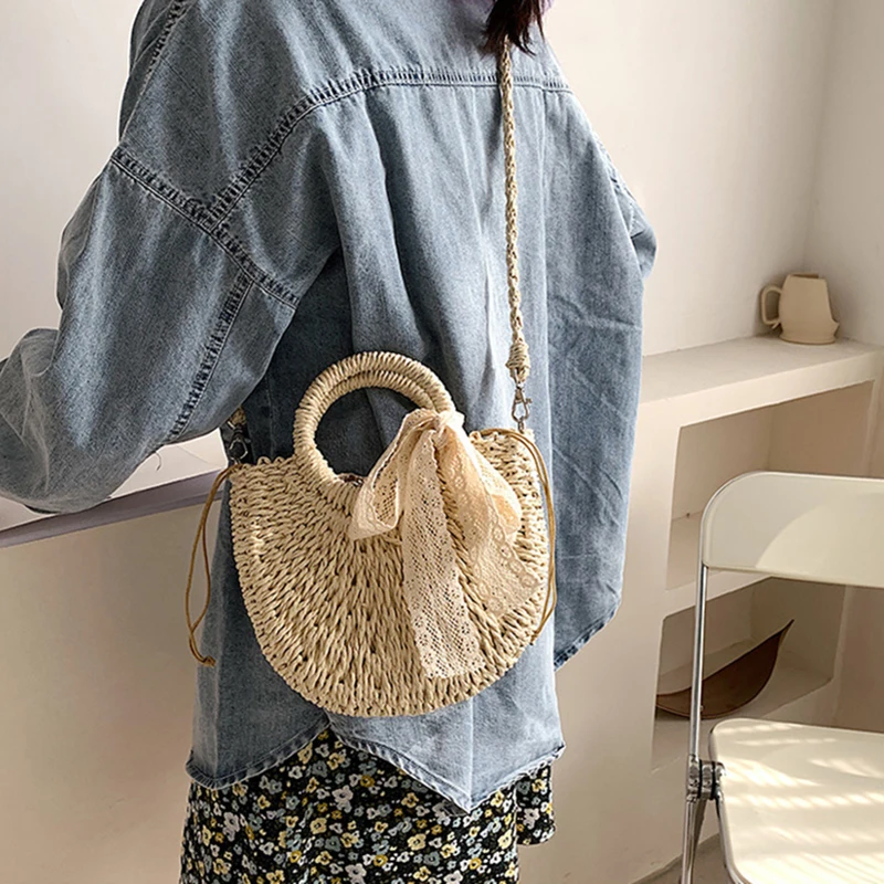 

Summer Straw Bag Women Hand Woven Handbag Moon Shape Lace Bowknot Rattan Fashion Beach Shoulder Crossbody Bags Purse