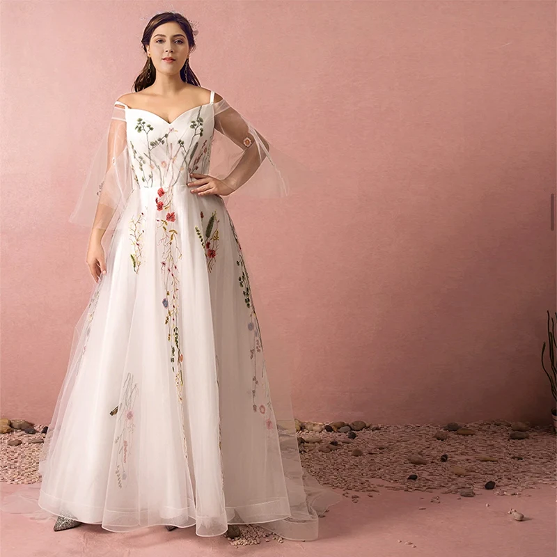 

White Spaghetti Strap Evening Dress Lace Full Sleeves Embroidery A-Line Floor-Length Elegant Plus Size Women Formal Gowns D847