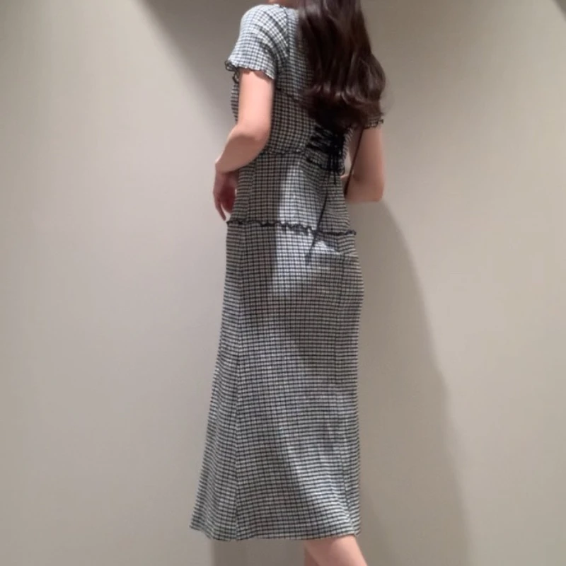

Elegant Bandage Design Plaid Patchwork Dresses Women 2021 Summer New Silm Waist Dress Japan Style Short Sleeve Vestido Feminino