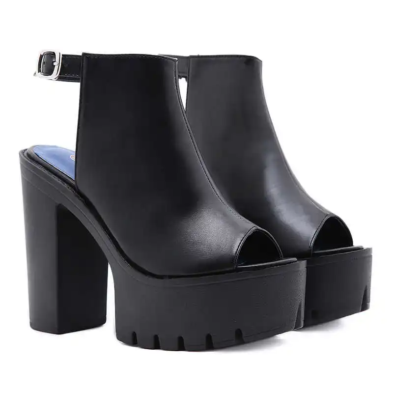 

Fashion fish mouth thick heel ultra high heel button women's sandals summer Roman thick soled black high top sandals