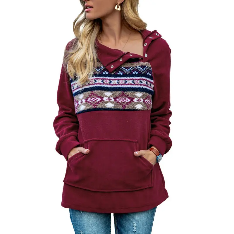 

Womens Tops High Neck Long Sleeve Sweatshirt Irregular Button Baggy Pullover