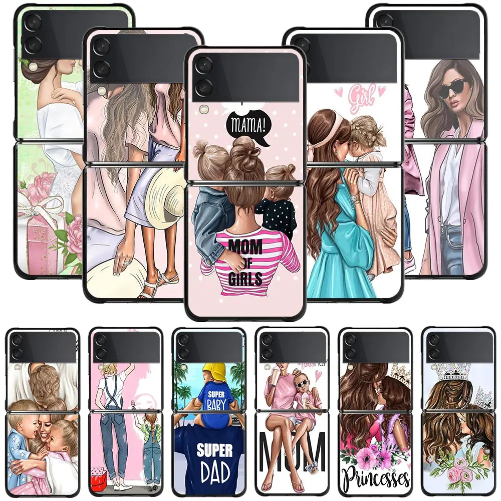 

Phone Case For Samsung Galaxy Z Flip3 5G Hard PC Fundas For Samsung Z Flip 3 5G z flip Coque Brown Hair Baby Mom Girl Sup Dad