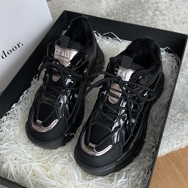 

2021 winter black warm pu sneakers women thick-soled casual sports walking shoes women's sneakers women's vulcanized sneakers
