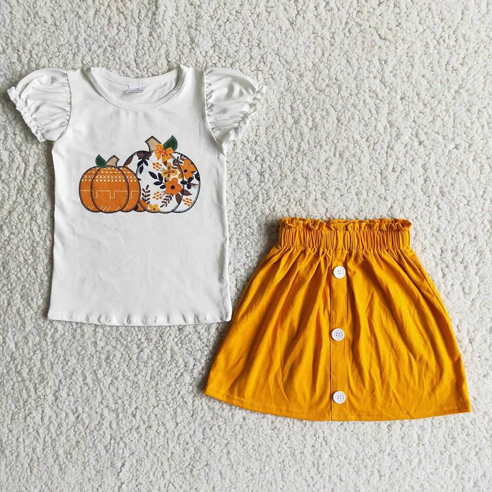 

2021 pumpkin print shirt match skirt fall outfits kids boutique clothing sets toddler girl clothes
