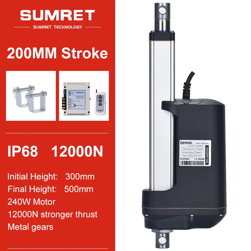 200mm Stroke DC 12V 24V Motor Linear Actuator Kit RF Controller Bracket Set Heavy Duty Fmax 12000N Vmax 60MM/S Automatic Device |