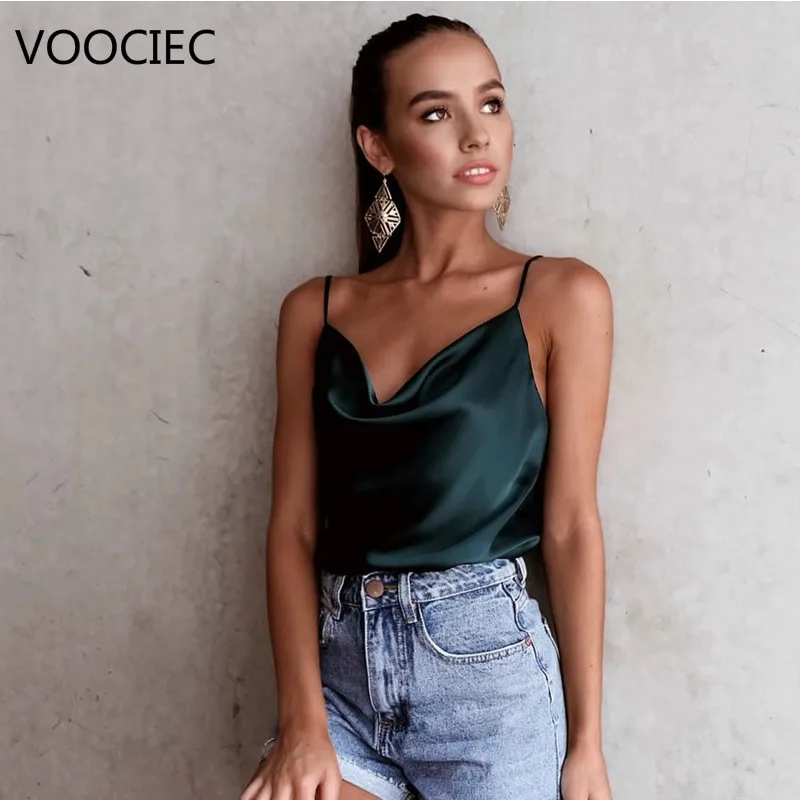 

VOOVIEC Silk Satin Thin Wild Solid Camis Vest Women Tank Tops Female Summer Sexy Strap Basic Tops Chiffon Sleeveless Camisole