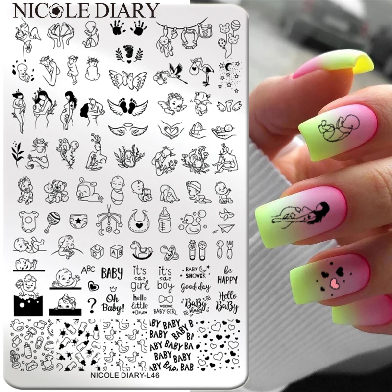 

NICOLE DIARY Big Size Mother Baby Image Nail Stamping Plates Flower Leaf Love Printing Stencil Floral Mom Stamp Template