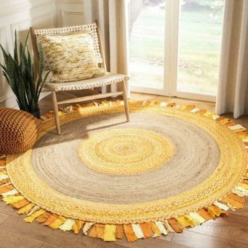 Rug 100% Natural Jute and Cotton Bohemian Reversible Round Area Dhurrie Carpet Rug Bedroom Decor