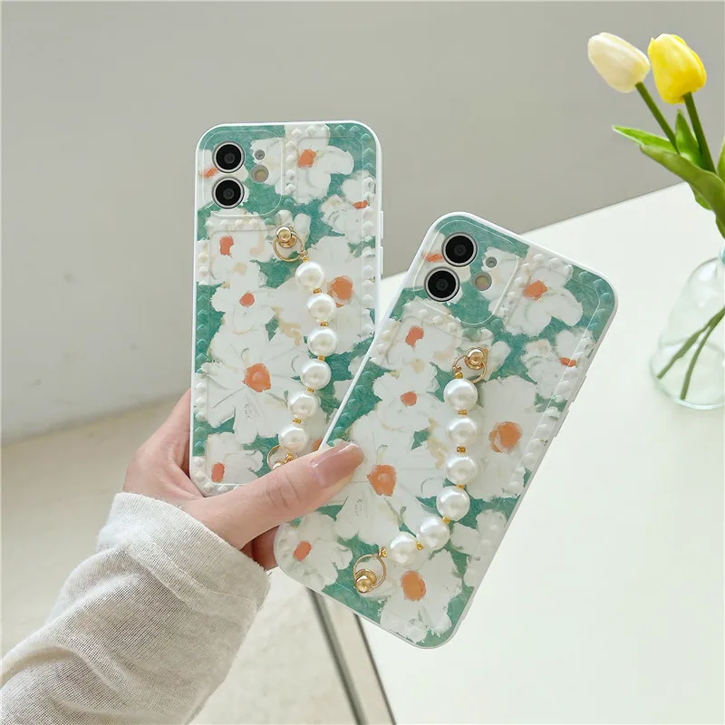 

Summer gril gift flower Phone Case for iphone 12 Mini 11 Pro Max XS XR X SE20 7 8 Plus With pearl chain Soft silicone Cute Cover