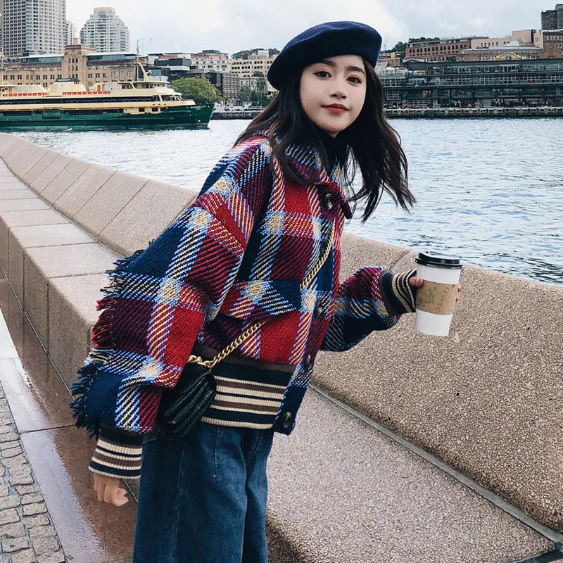 Свободное клетчатое пальто Харадзюку с кисточками и длинным рукавом Осень-зима