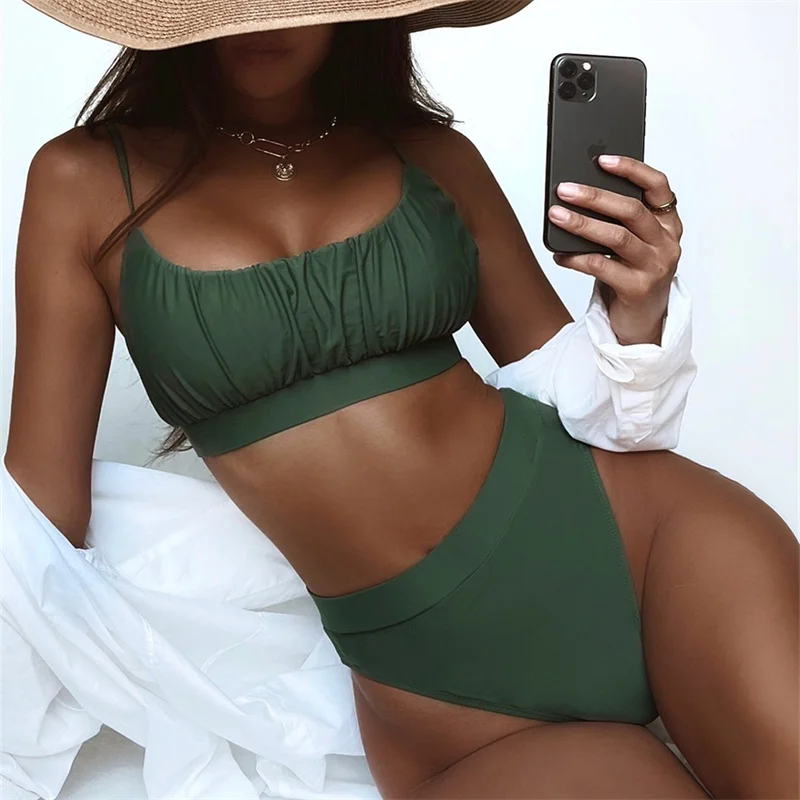 

High Waist Bikinis Womens Solid Swimsuit Fold Bathing Suit for Girls Strap No Underwire Two Piece Womens Swimsuits Vamos Todos