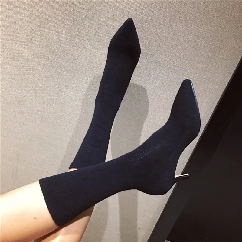 Black Sock Boots Женские сапоги до середины икры; эластичные тканевые носки; женская зимняя обувь; пикантная женская обувь на высоком каблуке; размеры 34-39; цвет красный, желтый, черный, зеленый - Цвет: Black Sock Boots