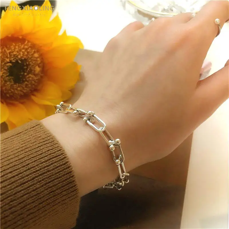 

Fengxiaoling 2021 New 925 Sterling Silver New Vintage Circle Chain Personality Bracelet Thai Silver Birthday Party Jewelry Gifts