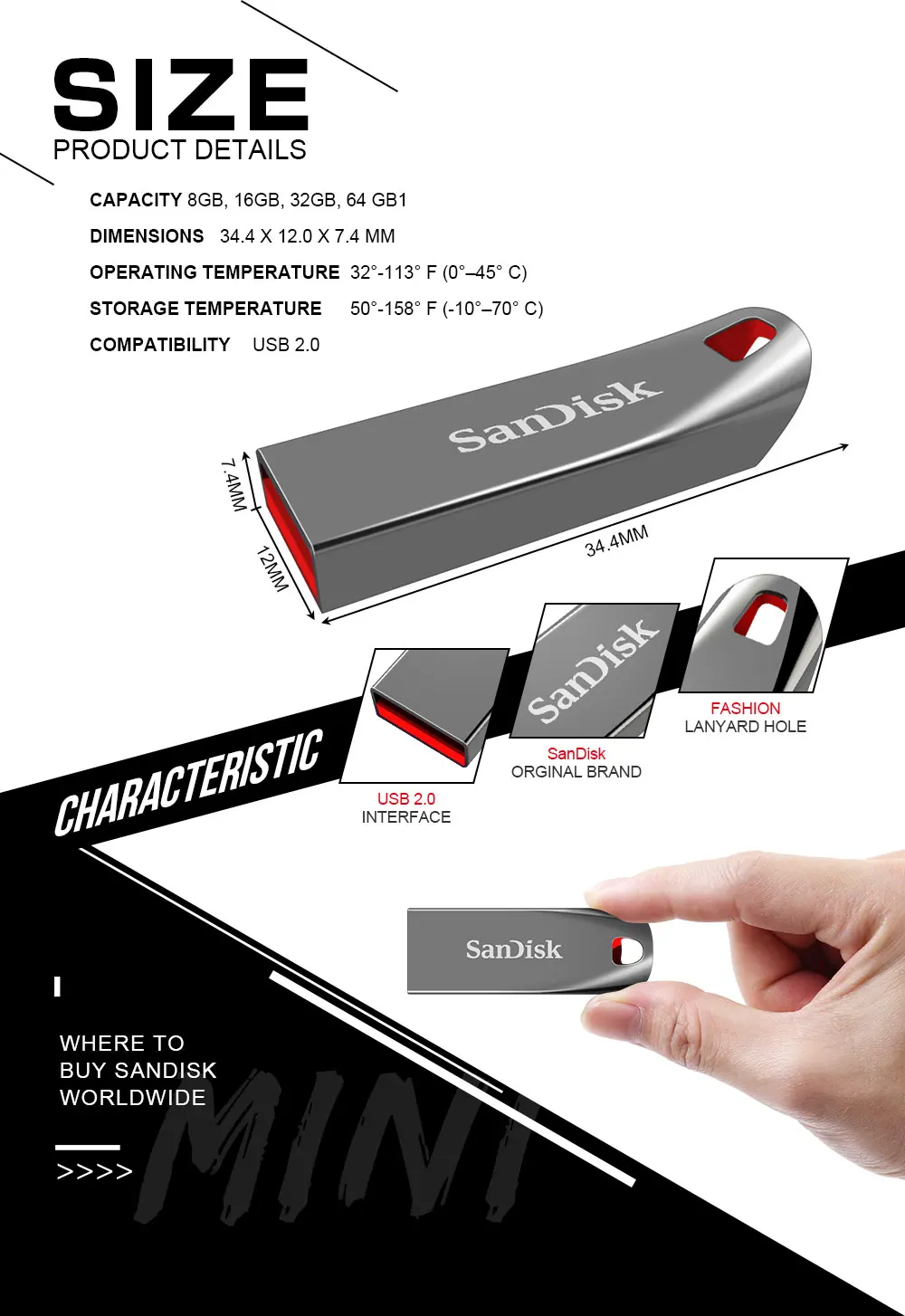 Флеш-накопитель USB sandisk 32, 64, 16 ГБ, флешка 64 ГБ, 32 ГБ, 16 ГБ, флеш-накопитель 2,0, USB флешка, диск на ключ, память для телефона