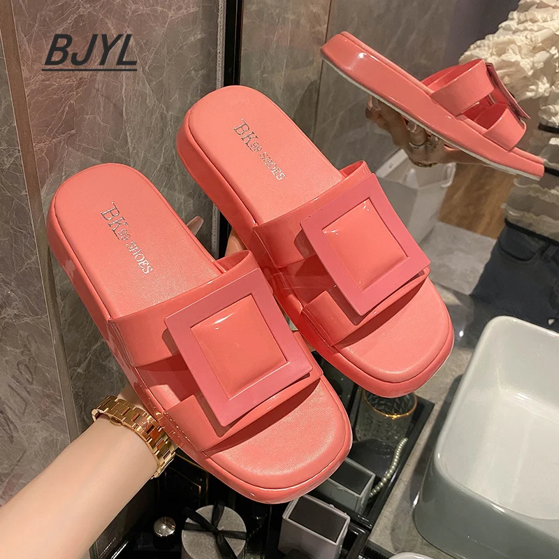 

2021 summer mesh celebrity sandals and slippers women's square head one-word drag buckle thick-soled wild flat slippers