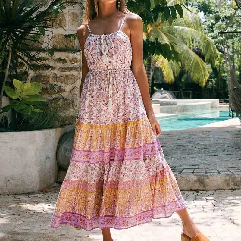 BOHO INSPIRED Lilac floral sleevless long boho dress tassle summer plus size women bohemia style beach Sundress new | Женская одежда