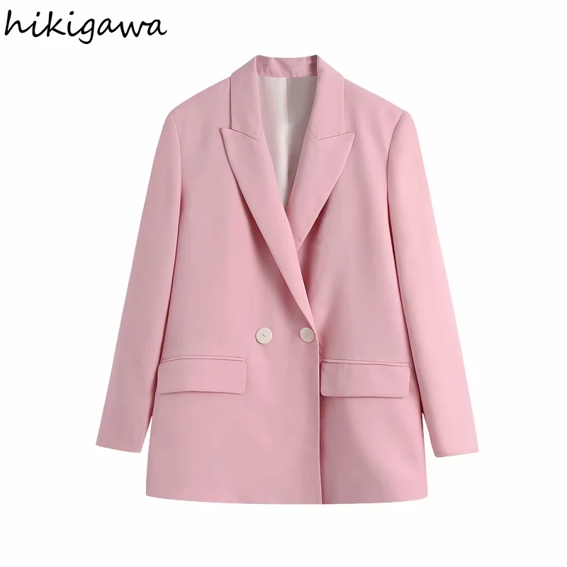 

Блейзер Hikigawa женский двубортный, модный базовый пиджак с отложным воротником и длинным рукавом, повседневное Свободное пальто в стиле пэчв...