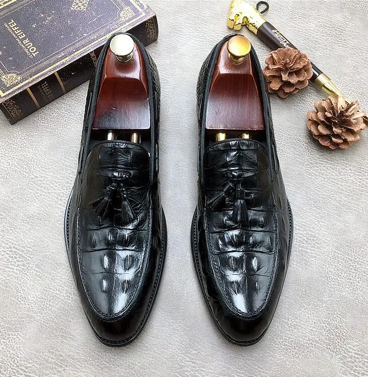 

New men Crocodile leather loafers fashion tassel slip-on handmade shoes Genuine leather office oxford men size 38-46