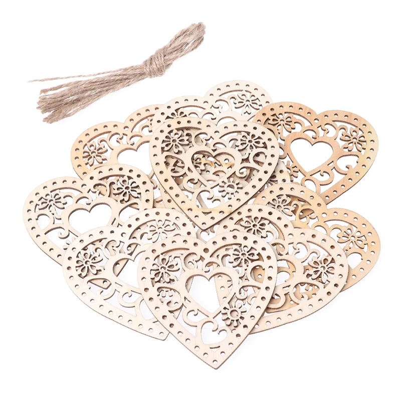 

10Pcs Heart Shap Hollow Unfinished Wooden Hanging Ornament DIY Decor With String