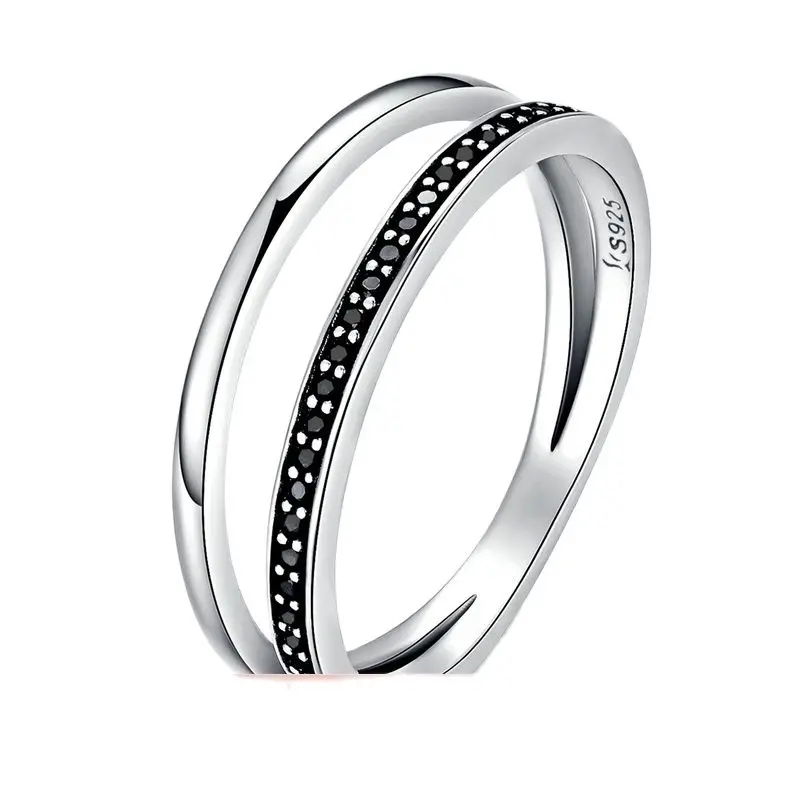 

Genuine 925 Sterling Silver Double Circle Black Clear CZ Stackable Finger Ring for Women Fine Silver Jewelry Gift SCR082