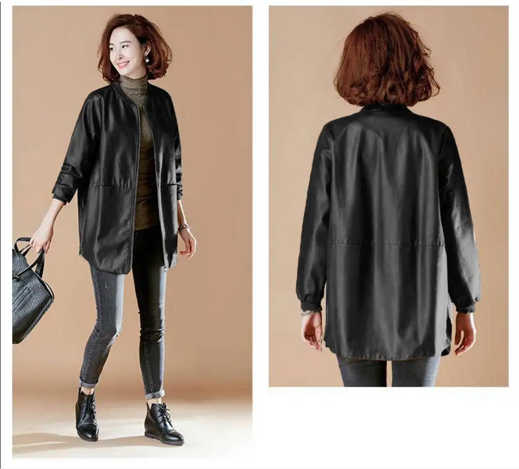 

Cotton PU Leather Jacket with Long Korean Version Plus Size Loose Zipper Jacket for Women's Winter Clothes