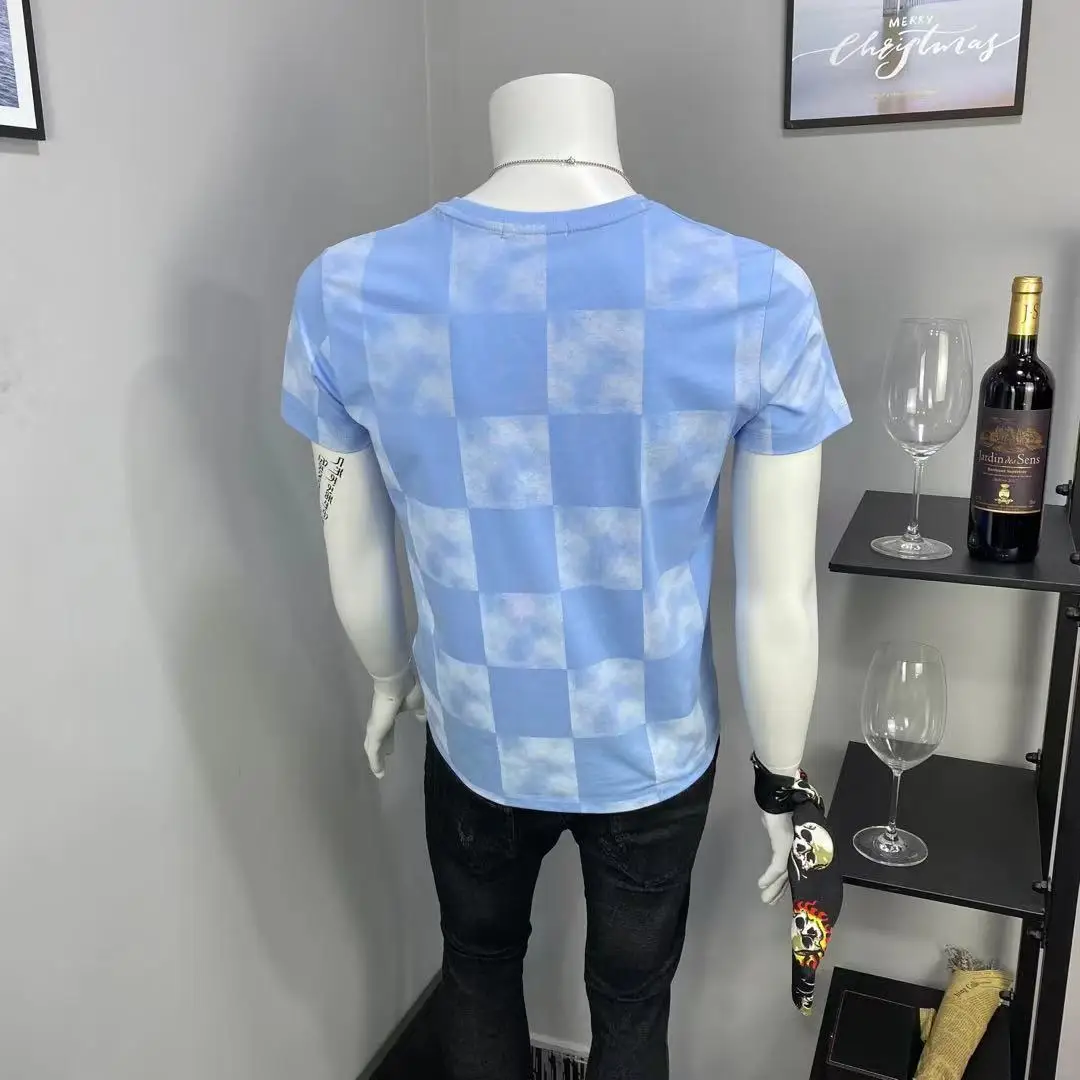 

Short-sleeved T-shirt Men's 2021 Summer New Trend Slim Half-sleeved Round Neck Simple Casual Handsome Plaid Cotton T