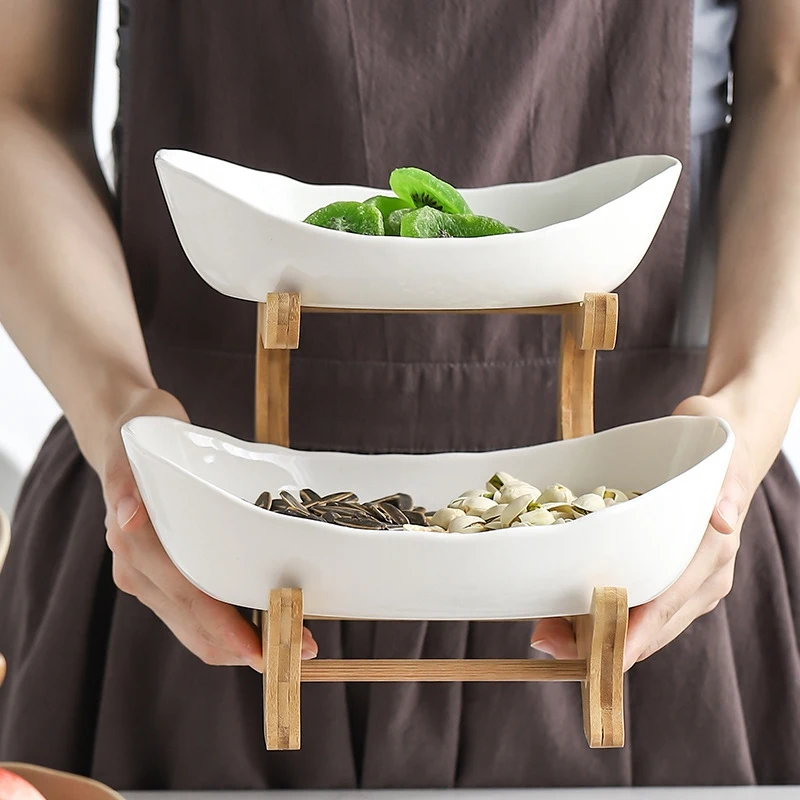 2 Tier Oval Ceramic Candy Dish Set with Collapsible Wood Rack White Party Food Server Display Tiered Serving Stand | Дом и сад