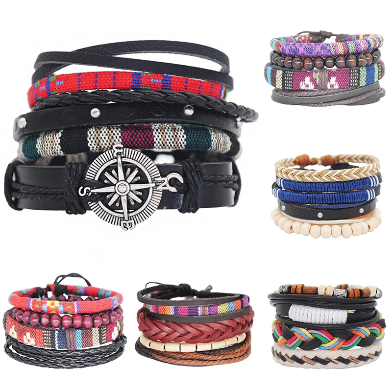 

1set Women Boho Leather Weave Handmade Jewelry Beads Multilayer Bracelets Set Gifts