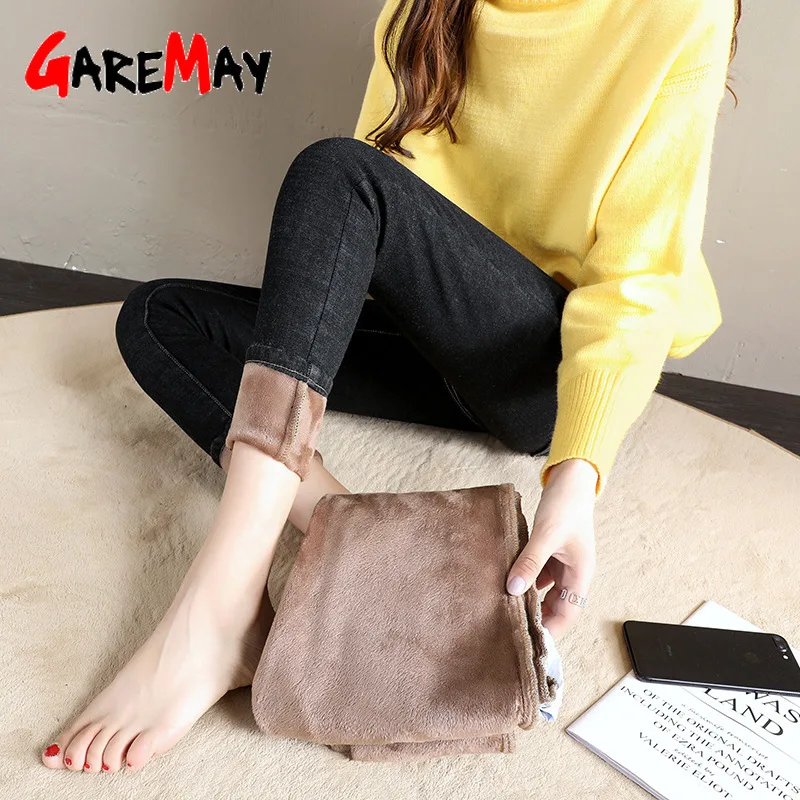 Зимние теплые джинсы для женщин зимние с высокой талией Прямые Плюс Размер флис