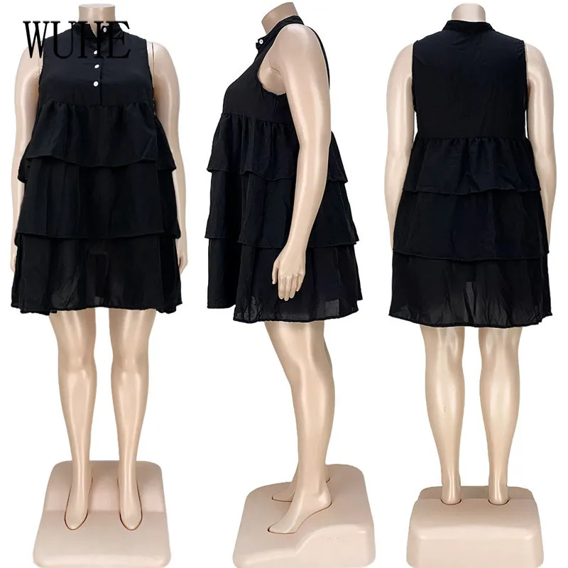 

WUHE Plus Size XL-5XL Women Bodycon Sleeveless Single Breasted Off Shoulder Pleated Casual Office Work Club Summer Cake Dresses